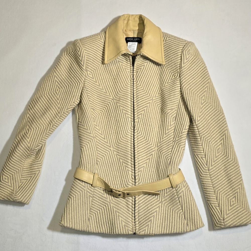 Luca Luca Wool Zip Up Jacket Silk Lined With Leather Collar+Belt Italian Made 40